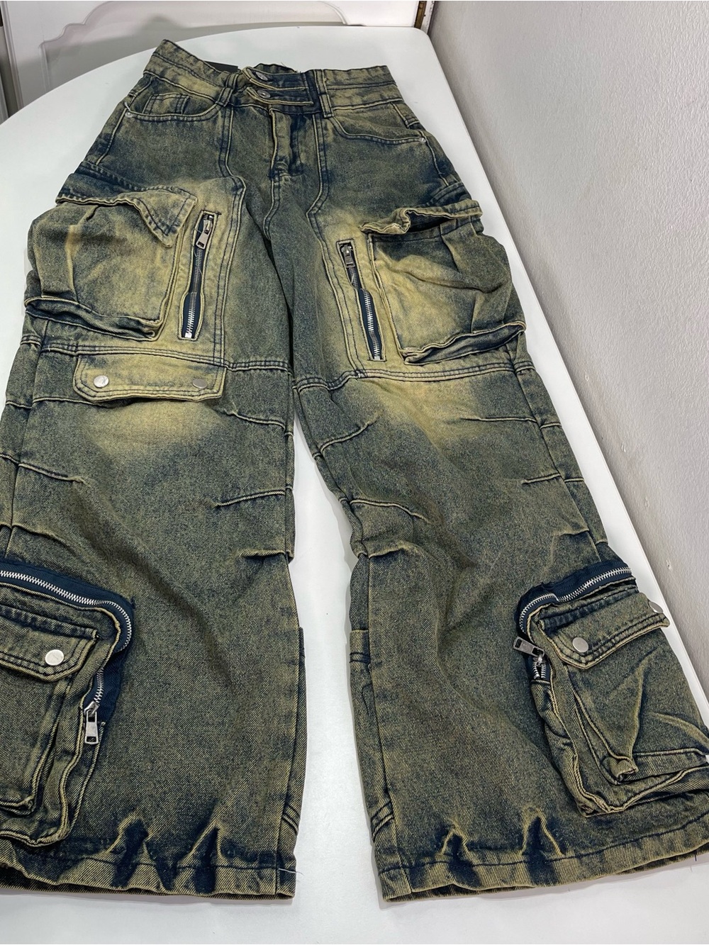 Deadstock Y2k Denim Jeans S Wide Leg Cargo Multi Pocket Skater Streetwear